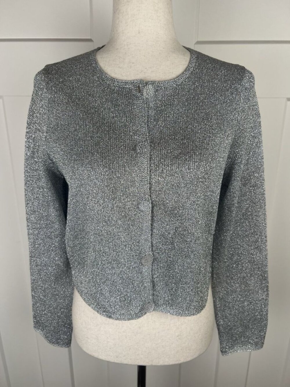 Vintage 1996 Michael Simon Silver Metallic Cardigan M Made Hong Kong Cropped
